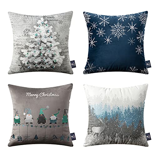 Book Cover Phantoscope Pack of 4 Merry Christmas Decorative Velvet Embroidery Throw Pillow Cover with Snowflake, Trees, Elves, Elk Cushion Covers for Xmas Couch Sofa, Blue and Grey, 18 x 18 inches, 45 x 45cm