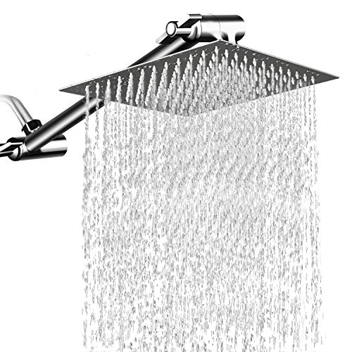 Book Cover 12'' Square Rain Showerhead with 11'' Adjustable Extension Arm, Large Stainless Steel High Pressure Shower Head,Ultra Thin Rainfall Bath Shower with Silicone Nozzle Easy to Clean and Install