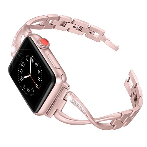 Book Cover Secbolt Bands Compatible Apple Watch Band 38mm 40mm Iwatch Series 6/5/4/3/2/1 SE Women Dressy Jewelry Stainless Steel Accessories Wristband Strap, Rose Gold