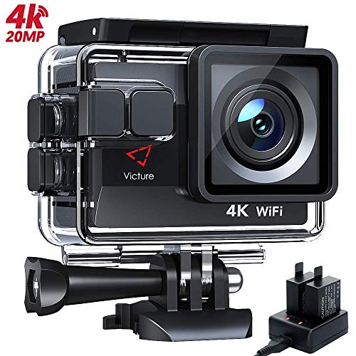 Book Cover Victure Action Camera AC800 4K 20MP Ultra HD 4X Zoom EIS 40M Underwater Sports Camera, PC Webcam Extra Outlet Charger for 2 1050mAh Rechargeable Batteries and 19 Mounting Accessories Kit Included