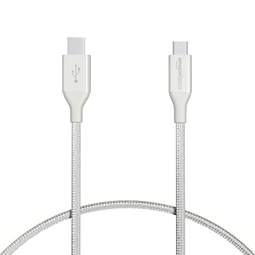 Book Cover Amazon Basics Double Braided Nylon USB Type-C to Micro-B 2.0 Male Charger Cable | 1 foot, Silver