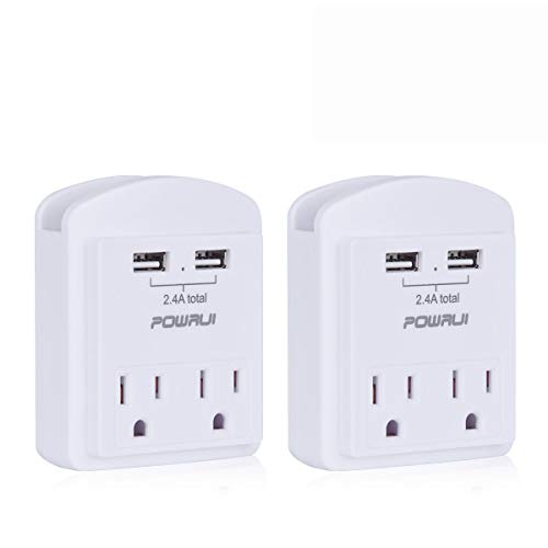 Book Cover USB Wall Charger, Small Surge Protector, POWRUI USB Outlet with 2 USB Ports (2.4A Total) and Top Phone Holder for Apple, iPhone, iPad, Samsung, 1080Joules, White (2-Pack), ETL Certified