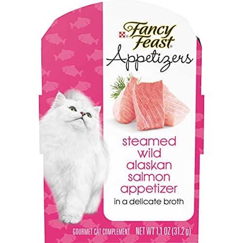 Book Cover Purina Fancy Feast Wet Cat Food Complement, Appetizers Steamed Wild Alaskan Salmon in Delicate Broth - (10) 1.1 oz. Trays