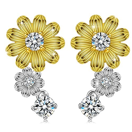Book Cover PN PRINCESS NINA ❀Spring Blossom❀ Sunflower Stud Earrings Sterling Silver with 5A Cubic Zirconia Gold Plated Friendship Jewelry for Girl Valentines Day Birthday Gifts with Gift Box
