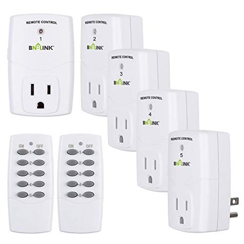 Book Cover BN-LINK Mini Wireless Remote Control Outlet Switch Power Plug in for Household Appliances, Wireless Remote Light Switch, LED Light Bulbs, White (2 Remotes + 5 Outlets) 1200W/10A