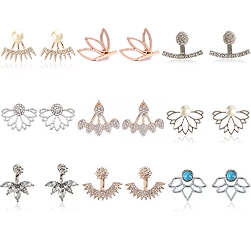 Book Cover 9 Pairs Rose Gold Silver Hollow Lotus Flower Earrings Simple Chic Crystal Pearl Turquoise Stud Earrings Set