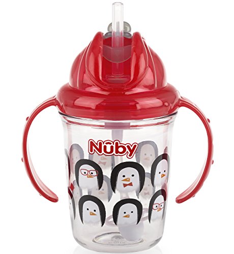 Book Cover Nuby 2-Handle Printed No-Spill Thin Flip-It W/360 Weighted Straw Cup, Penguin/Red