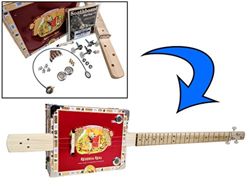 Book Cover Complete DIY 3-String Fretted Cigar Box Guitar Kit with Neck - includes Acoustic/Electric Pickup