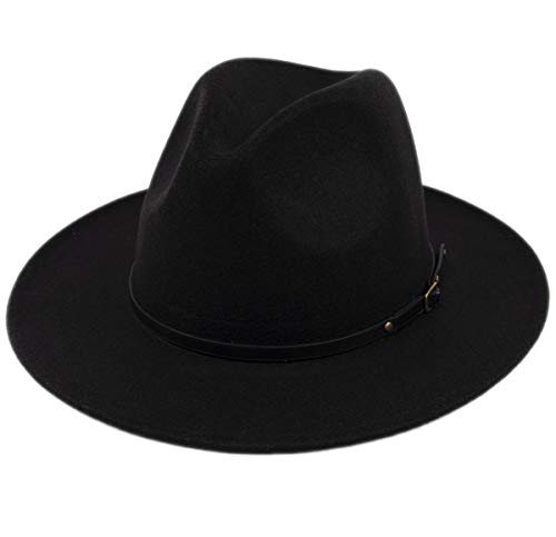 Book Cover Lanzom Womens Classic Wide Brim Floppy Panama Hat Belt Buckle Wool Fedora Hat