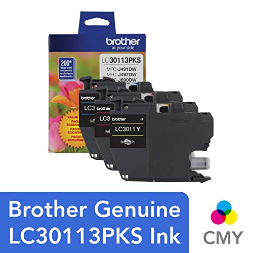 Book Cover Brother Genuine LC30113PKS 3-Pack Standard Yield Color Ink Cartridges, Page Yield Up to 200 Pages/Cartridge Includes Cyan, Magenta and Yellow, LC3011