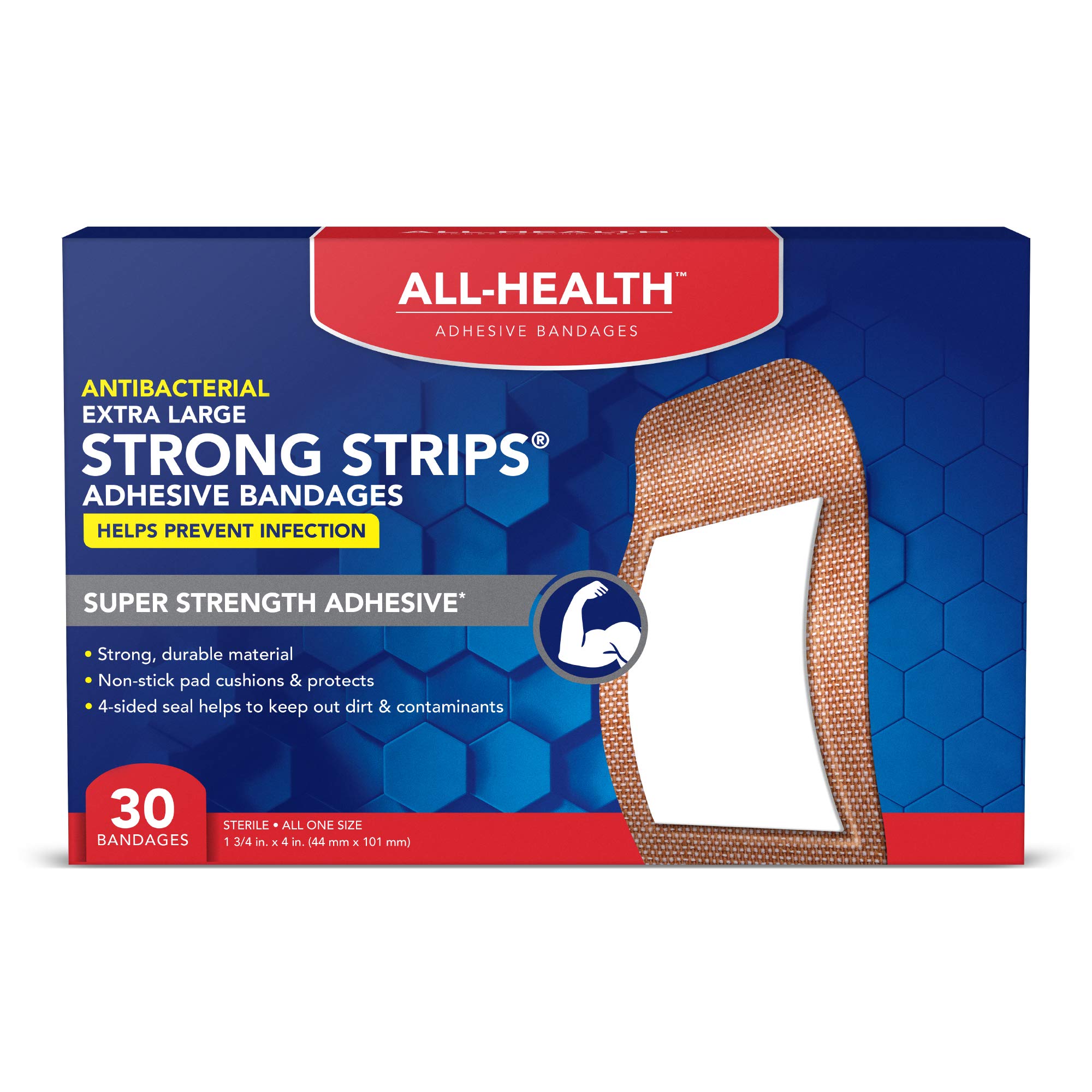Book Cover All Health Antibacterial Heavy Fabric Strong Strip Adhesive Bandages, XL 1.75 in x 4 in, 30 ct | Extra Large, Helps Prevent Infection, Durable Protection for First Aid and Wound Care