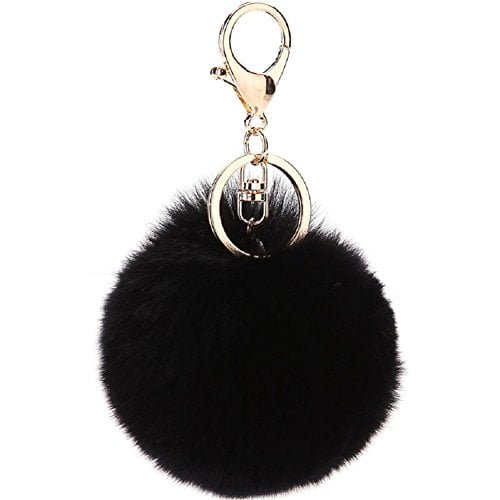 Book Cover MODBEAT Pom Pom Key Chain Genuine Rabbit Fur Fluffy Ball KeyChain for Womens Bag Accessories or Car Key Ring or Handbag Decoration (Black)