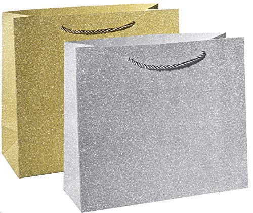 Book Cover Haute Soiree - 4 Pack - Large Sized Luxurious High Quality Gift Bag Set with Rope Handles - Includes 2 Gold and 2 Silver Shimmering Sparkle Designs - Perfect for Wedding Favors, Birthday Parties