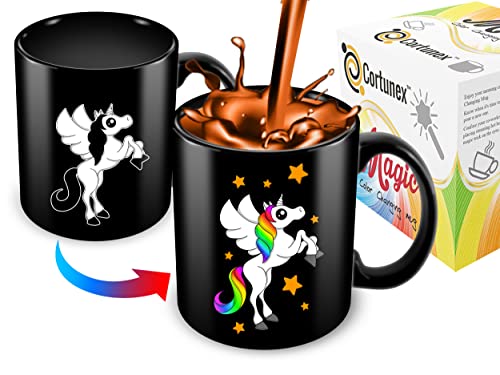 Book Cover Cortunex Unicorn Color Changing Cup - 11 oz Funny Coffee Mug - Great Unicorn Mug for Girls,Women,mom and Unicorn Lovers - Cute Mug - Black Ceramic Heat Changing Mug