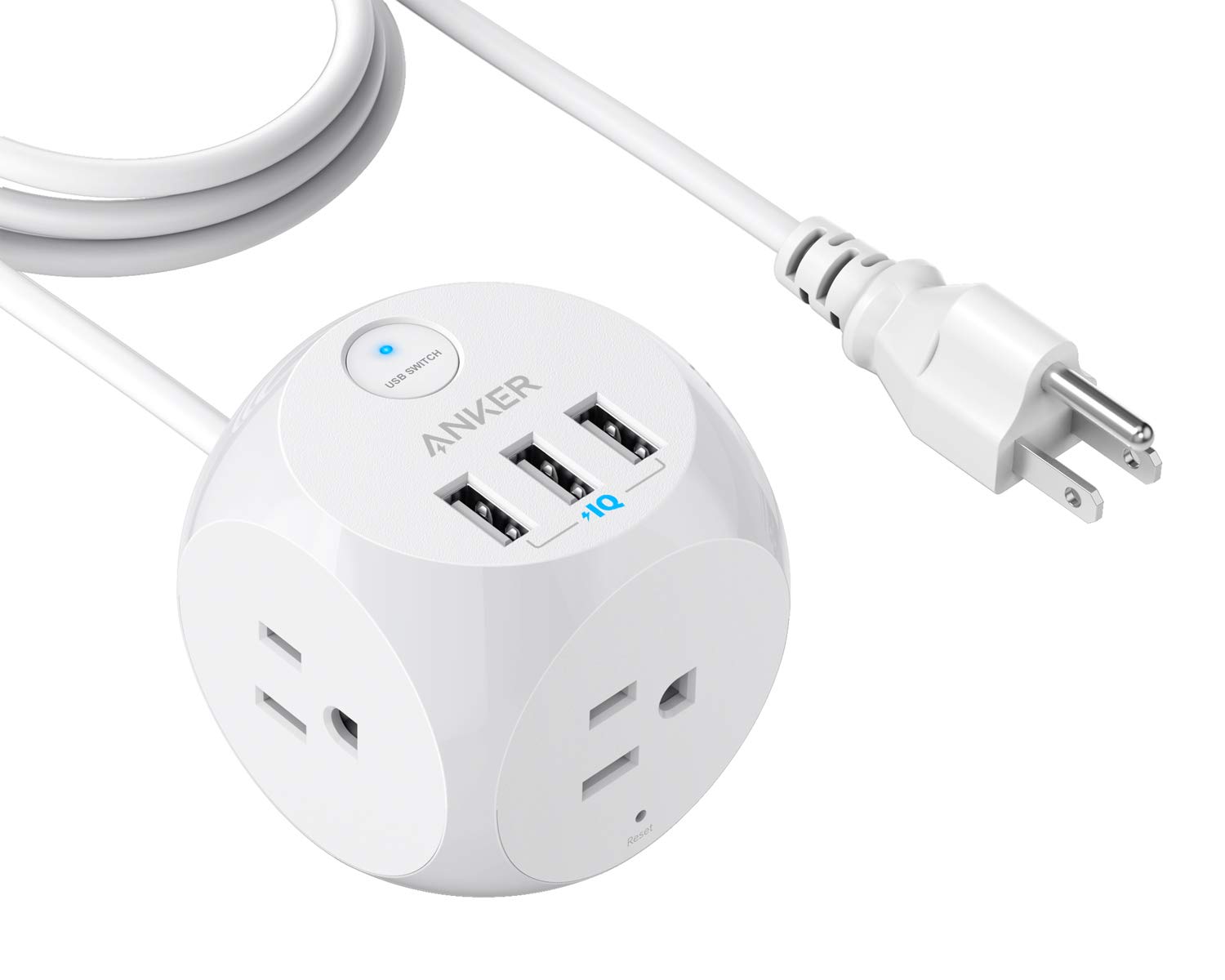 Book Cover Anker Power Strip with USB, 5 ft Extension Cord, PowerPort Cube USB with 3 Outlets and 3 USB Ports, Portable Design, Overload Protection for iPhone XS/XR, Compact for Travel, Cruise Ship, and Office 5ft White