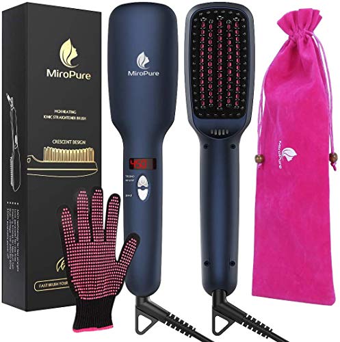 Book Cover MiroPure Upgraded Ceramic Ionic Hair Straightener Brush for All Hair Types with Five Temperature Settings + LED Display + Auto Shut-Off Function for Straightening Hair Beard and Adding Shine, 2m Cord