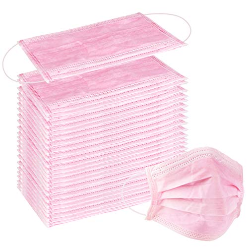 Book Cover Wecolor 100 Pcs Disposable 3 Ply Earloop Face Masks, Suitable for Home, School, Office and Outdoors (Pink)