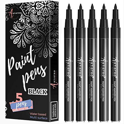 Book Cover Black Paint pens for Rock Painting, Stone, Ceramic, Glass. Extra fine Point tip, Set of 5 Black Acrylic Paint Markers.