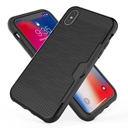 Book Cover iPhone Xs & iPhone X Case, Asgens Card Holder Brushed Metal Texture Heavy Duty Shockproof Durable Silicone Rubber Dual Layer Protective Case for 5.8 inch iPhone Xs & iPhone X - Black