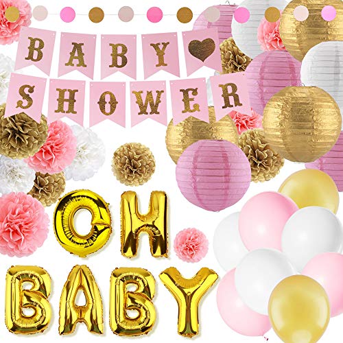 Book Cover Eurus Home Girl Baby Shower Decorations Kit | 37 Supplies Set for a Great Birthday Party - Pink and Gold Flag Banners, Colorful Dot Garland, Balloons, Paper Lanterns & Rose Tissue Pom Poms