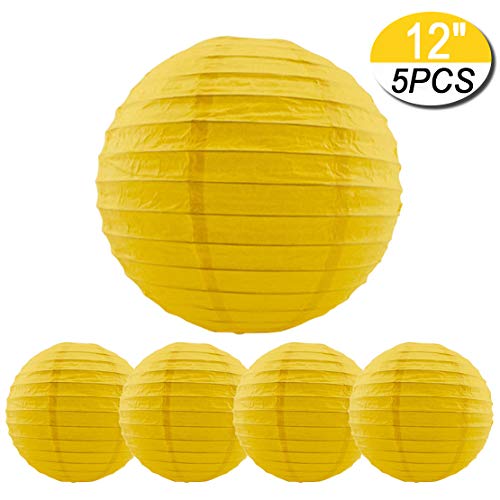 Book Cover 5 Packs Yellow Round Paper Lanterns Chinese Lanterns 12 inch Large Hanging Ball Decorations for Halloween Birthday Bridal Wedding Baby Shower Parties Assorted Sizes (Yellow, 12'')