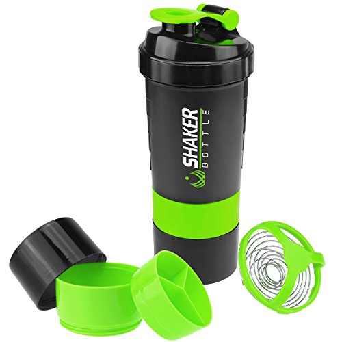 Book Cover VIGIND Protein Shaker Bottle - Sports Water Bottle - Non Slip 3 Layer Twist Off 3oz Cups with Pill Tray - Leak Proof Shake Bottle Mixer- Protein Powder 16 oz Shake Cup with Storage