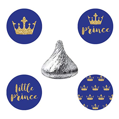 Book Cover MAGJUCHE Blue Glitter Prince Candy Stickers, Royal Blue Gold Crown Boy Baby Shower Birthday Party Favor Labels, Fit, 304 Count