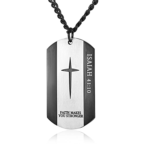 Book Cover REVEMCN Black Silver Stainless Steel Bible Verse Cross Dog Tag Pendant Necklace for Men, 24-28 Inches Chain