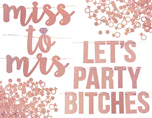 Book Cover Miss to Mrs, Let's Party Bitches Banner Set. Bachelorette, Engagement or Wedding Party Decorations. 2 Sparkly Banners with Super Fun Diamond Ring and Circle Confetti (Rose Gold)