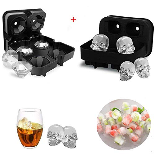 Book Cover WETONG Ice Cube Trays For Whiskey/Cocktail/Beverages, 3D Skull + Diamond-Shaped Large Silicone Ice Cube Molds Makes 4 Giant Skulls and 4 Diamond Ice Molds (black)