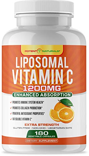 Book Cover Liposomal Vitamin C 1200mg 180 Capsules by POTENT NATURALS - High Absorption, Fat Soluble Vitamin C, Collagen Booster, Antioxidant & Immune Support, Anti Aging Skin Supplement, Non GMO, Gluten-Free