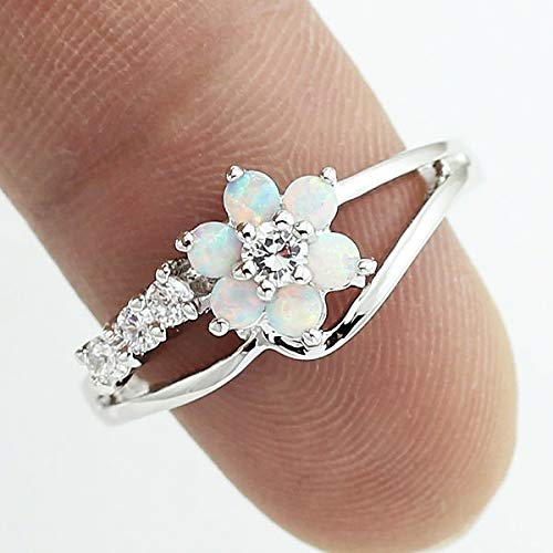 Book Cover Exquisite Round Cut White Created-Opal Stone Flower Created Opal Rings Women Jewelry Birthday Proposal Gift Bridal Engagement Party Band Rings Size 6-10 5 UK