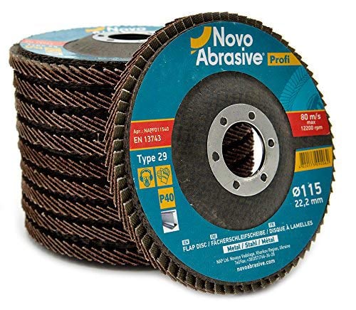 Book Cover Flap Disc 4.5 x 7/8 Inch 40 Grit by NOVOABRASIVE Sanding Grinding Wheel for Angle Grinder Suitable for Metal, Wood, Paint. Type 29 Aluminum Oxide, Kit of 10 PSC