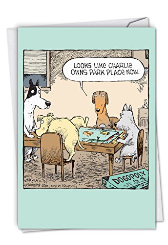 Book Cover Dogopoly - Hilarious Happy Birthday Greeting Card with Envelope (4.63 x 6.75 Inch) - Funny Animated Dog Games, Bday Congrats Note Card - Animal Lovers Cartoon Stationery Notecard C3986BDG