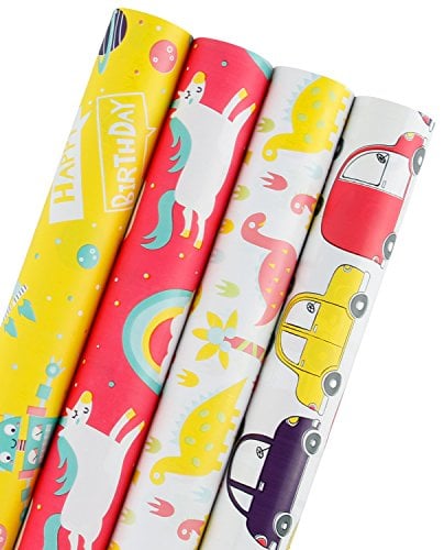 Book Cover WRAPAHOLIC Birthday Wrapping Paper Roll - Dinosaur Rainbow Pony with Cut Lines - 4 Rolls - 30 inch X 120 inch Per Roll
