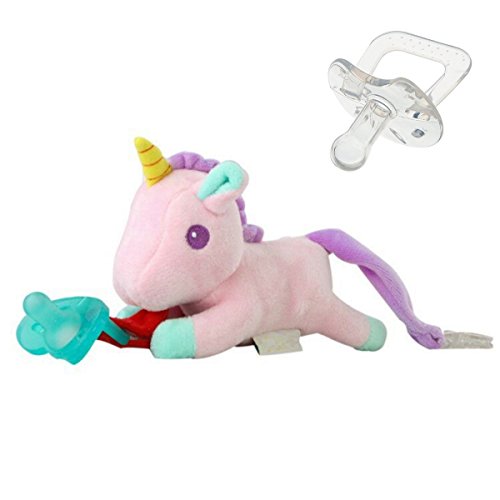 Book Cover UniBetter Baby Pacifier Holder Stuffed Animal for Baby Girls Boys Infant Soothie Pacifier Teether Holder Clip Unicorn Plush Rattles Toy 2 Pacifier(Pink)