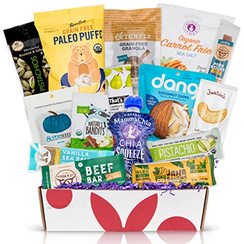 Book Cover PALEO Diet Snacks Gift Basket: Mix of Whole Foods Protein Bars, Grain Free Granola, Cookies, Jerky Meat Sticks, Fruit & Nut Snacks Healthy Sampler Box