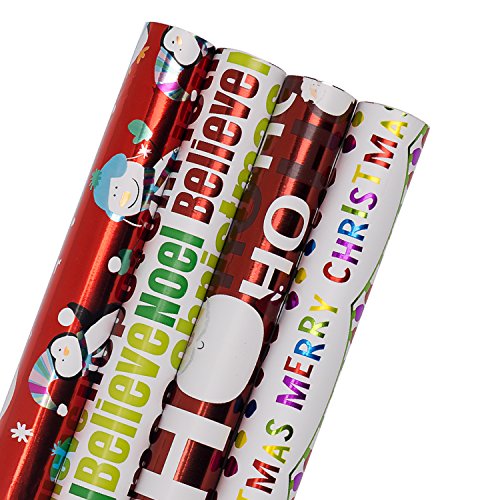 Book Cover WRAPAHOLIC Christmas Gift Wrapping Paper Roll - 76 x 305 cm Each Roll - Foil Icons - HO HO HO, Santa, Merry Christmas, Snowman - Sold 4Pcs