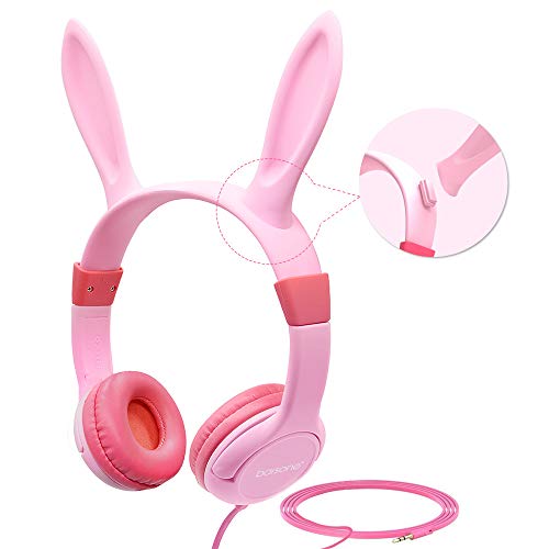 Book Cover barsone Volume Limiting Kids Headphones Girls,85dB Over Ear Wired Headset with Music SharePort,Food Grade Silicone,Cute Detachable Bunny Ears Headphones for School Children Toddlers Pink