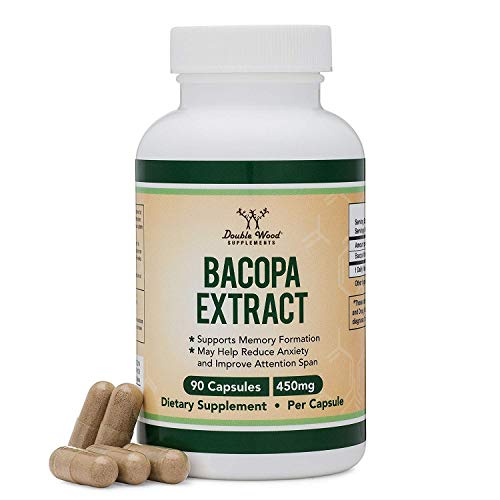 Book Cover Bacopa Monnieri Capsules - 450mg, 90 Count (Made in USA) Non-GMO, Gluten Free, Concentrated 20% Bacosides Brahmi Extract by Double Wood Supplements