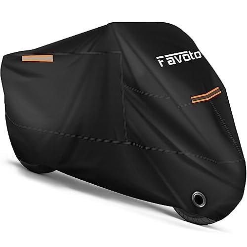 Book Cover Favoto Motorcycle Cover All Season Universal Weather Quality Waterproof Sun Outdoor Protection Durable Night Reflective with Lock-Holes & Storage Bag