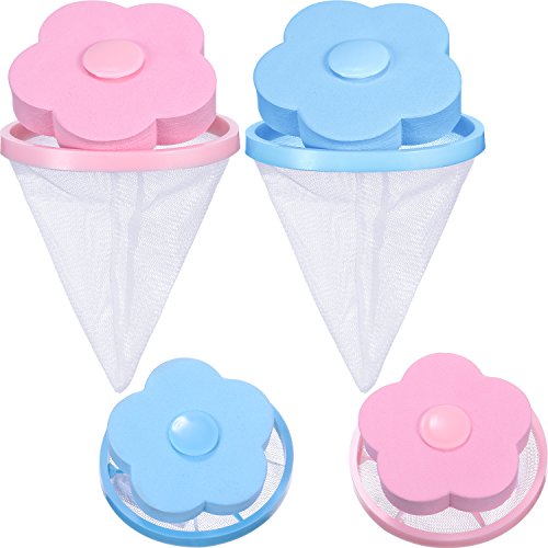 Book Cover 4 Pieces Lint Catcher for Washing Machine Lint Trap Floating Hair Fur Catcher Laundry Reusable Hair Filter Lint Mesh Bag (Blue, Pink)