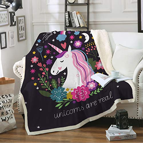 Book Cover Sleepwish Cute Unicorn Blanket Girls Cartoon Unicorn with Flowers Fleece Blanket Black Sherpa Blanket for Kids Adults (Throw 50