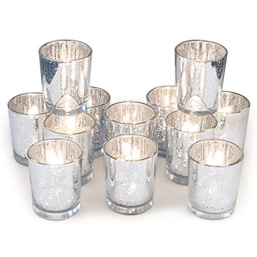 Book Cover Volens Silver Votive Candle Holders, Mercury Glass Tealight Candle Holder Set of 12