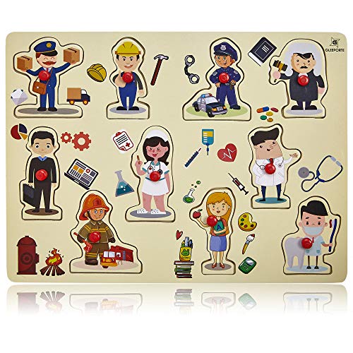 Book Cover Wooden Peg Puzzle, Profession Theme - Learning Educational Pegged Puzzle for Toddler & Kids (10 pcs) Gleeporte