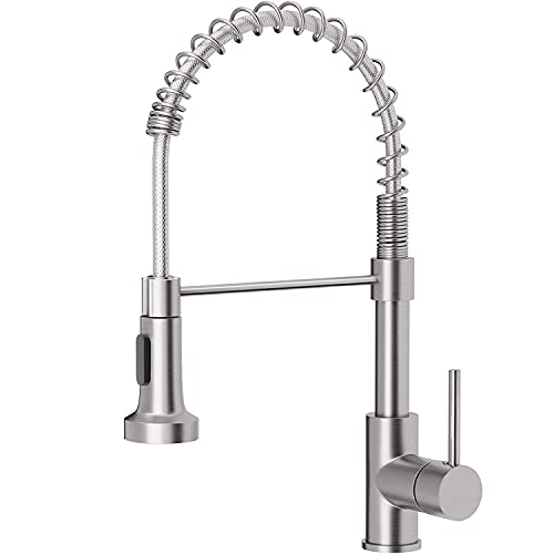 Book Cover OWOFAN Kitchen Faucets Lead-Free Commercial Solid Brass Single Handle Single Lever Pull Down Sprayer Spring Kitchen Sink Faucet, Brushed Nickel 9009SN