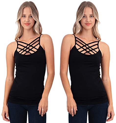 Book Cover Women Sexy Criss Cross Front Spaghetti Strap Basic Round HollowOut Neck Seamless Camisole Tank Top