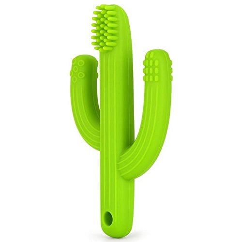 Book Cover Pickle & Olive Baby Teether Toy Toothbrush - Infant Training Toothbrush for Teething - 100% Food Grade Silicone/BPA-Free - Green Cactus