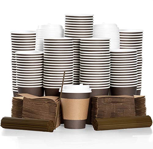 Book Cover 100 Pack - 12 oz To Go Coffee Cups with Sleeves, Lids & Stirrers - Disposable & Recyclable Brown Paper Travel Coffee Cups