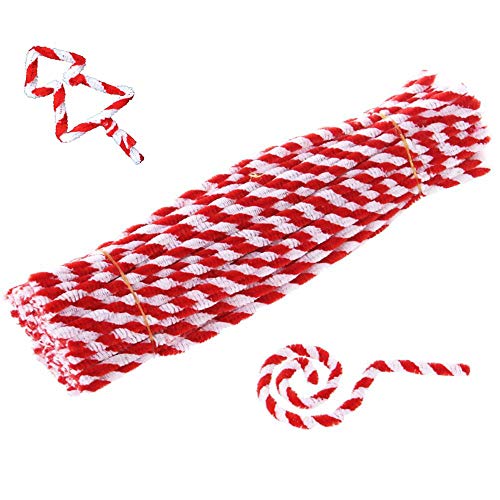 Book Cover Carykon Red Striped Chenille Stems Pipe Cleaners, Pack of 100 (Striped-Red)